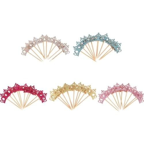 10pcs Glitter Happy Birthday Crown Cake Topper Party Accessories - Pink, as described