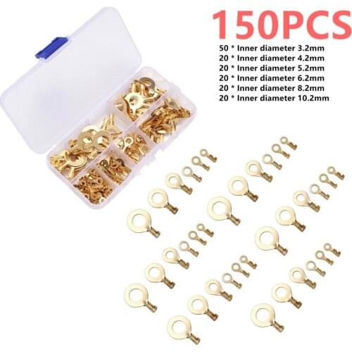 150pcs Cable Wire Connectors Ring Type Gold Terminals Insulated Seal Golden Brass Crimp Terminals Connectors 3.2mm-10.2mm