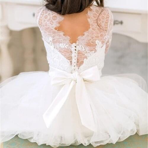 White Ivory Elegant Flower Girls Dresses for Wedding Lace Custom Made V Neck A Line Girls Birthday Gown Christmas Kids Wear