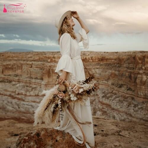 Bohemian Boho Wedding Dresses V-Neck Lantern Sleeve A Line Bridal Gowns Floor Length Simple Engagement Noivas ZW413