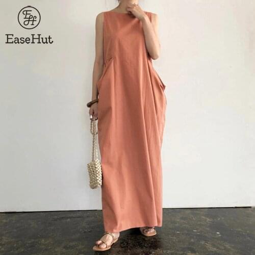 EaseHut Women Sundress with Big Side Pockets Loose Solid O-Neck Sleeveless Vestido Casual Summer Dress Lady Plus Size M-5XL