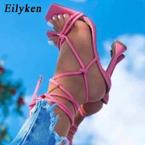 Eilyken Fashion Women Gladiator Ankle Strap Sandals Summer New Square Toe Narrow Band Spike High Heels Female Party Pumps Shoes