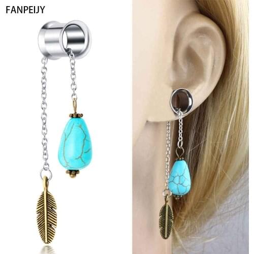 Fanpeijy 2pcs Ear Plug Stainless Steel Flesh Ear Plug and Tunnels Ear Expander Gauges Body Piercing Jewelry Lady Dangle Earrings