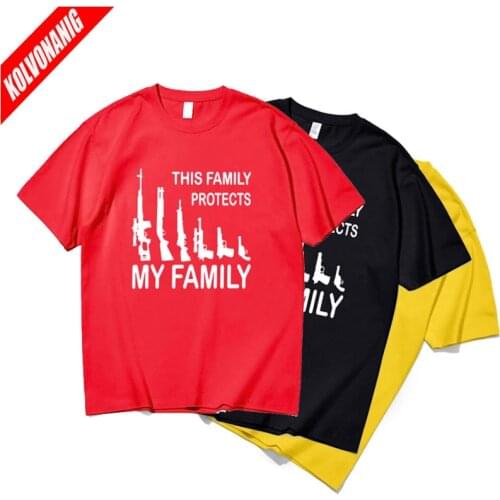 KOLVONANIG Summer Men Short Sleeve Cotton Cartoon T-Shirt THIS FAMILY PROTECTS MY FAMILY Guns Weapons Funny Printed T Shirt Tops