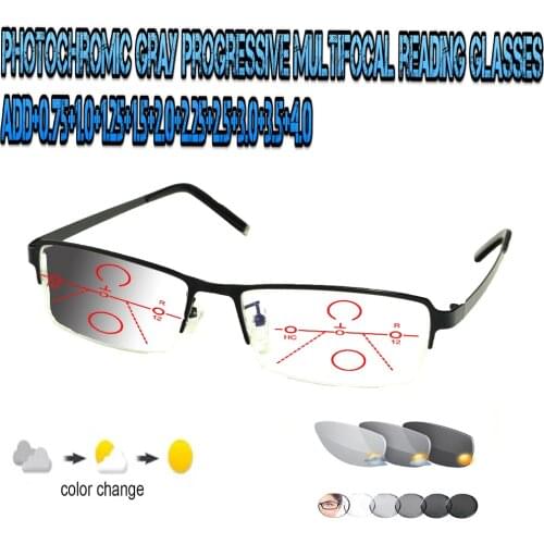 Photochromic Gray Progressive Multifocal Reading Glasses Men Woem Ultralight Black Frame+1.0 +1.5 +1.75 +2.0 +2.5 +3 +3.5 +4