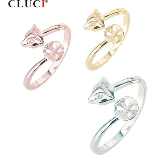 CLUCI 925 Sterling Silver Fox Shaped Open Pearl Ring Mounting Silver 925 Adjustable Women Rose Gold Rings SR2003SB