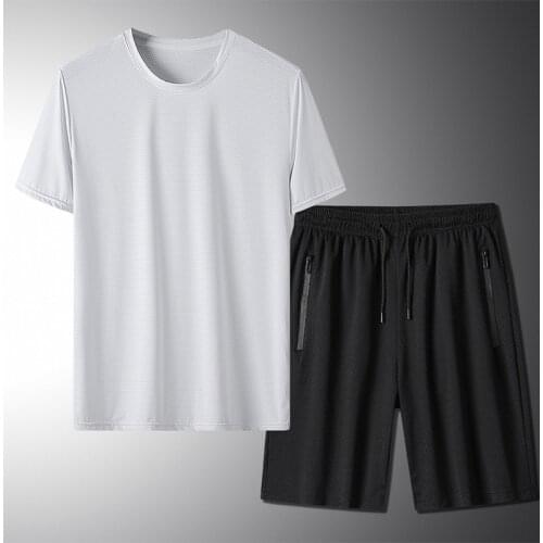 Summer Men Sets Short-sleeved Cool 2 Piece Set Black White New Thin Loose Pockets O-Neck Daily Casual Solid Men Short Sets