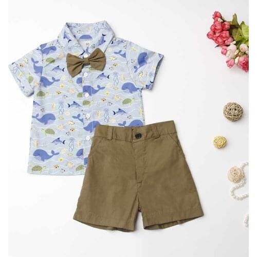 Summer Baby Boy Clothes Set 2-7Y Toddler Boys 2pcs Cartoon Print Bow Button Shirt Shorts Set Casual Children Summer Outfits