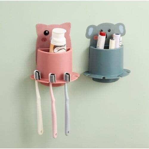 Cute Cartoon Animal Toothbrush Holder Bathroom Non Perforated Toothbrush Rack Multifunctional Drain Wall Mounted Storage Rack