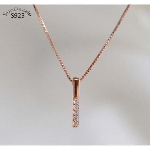 Genuine Real Pure Solid 925 Sterling Silver Pendant Necklace for Women Jewelry Cubic Zircon Rose Gold Column Chain Necklace