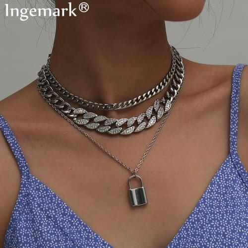 Punk Multi Layer Love Lock Pendant Choker Necklace Steampunk Women Men Padlock Crystal Chunky Chain Necklace Couple Jewelry Gift