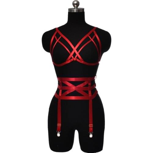 Pastel Goth Bondage Stockings Harness Garters Cross Open Chest Lingerie Bra Women Fetish Rave Adjustable Body Harness Cage Set