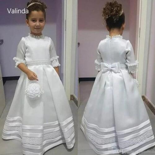 Flower Girls Dresses Half Sleeves White First Communion Dress for Junior Bridesmaids