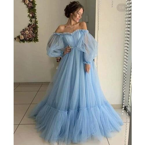 New Arrival Off the Shoulder Sweetheart Ruffled Long Sleeve Pleated A Line Light Blue Prom Dresses
