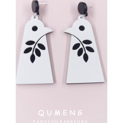 QUMENG 2021 Hotsale European Design Exaggerated Peace Dove Olive Branch Acrylic Long Pendant Earrings Tide Female Jewelry