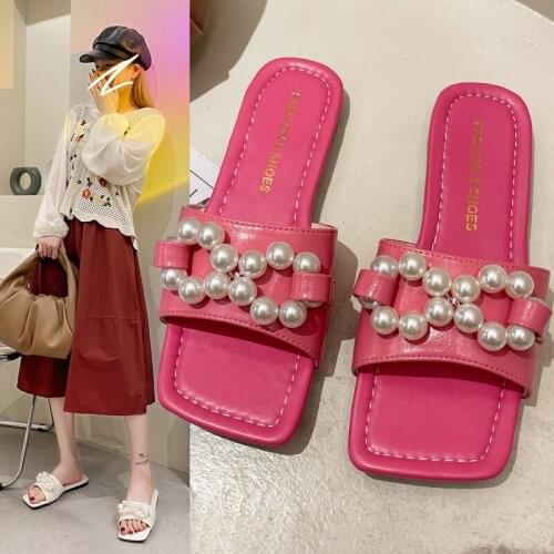 Slippers Women Summer Fashion Womens Slippers 2021 Open Toe Women Slippers Casual Slides Flats Heeled Pearl Chain Flip Flops