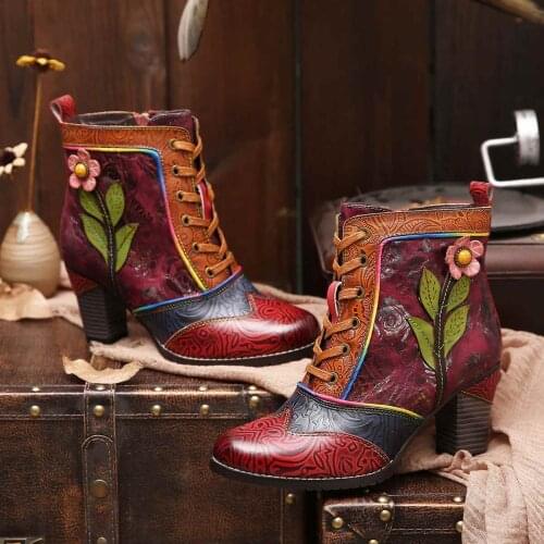 SOCOFY Retro Embossed Genuine Leather Splicing Pink Flower High Heel Ankle Boots Elegant Shoes Women Shoes Botas Mujer 2020