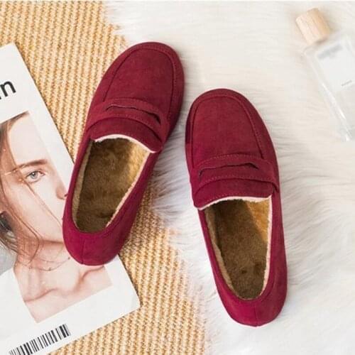Women Loafers Suede Leather Winter Plus Velvet Warm Flat Shoes Ladies Slip on Moccasins Casual Female Mom Walking Shoes 2021 New