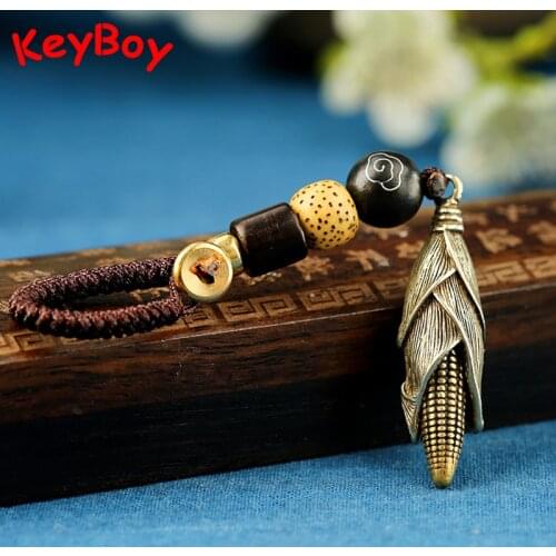 Vintage Solid Corn Car Key Chain Ring Pendant Jewelry Pure Brass Grain Decoration Keychain Hanging Woven Rope Keyring Trinkets
