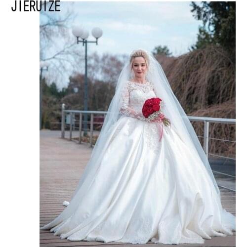 JIERUIZE Vintage Wedding Dresses Jewel Neck Long Sleeves White Lace Appliques Ball Gown Bridal Dresses Satin robe de mariage