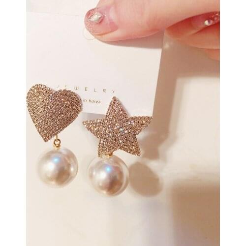 MENGJIQIAO New Fashion Shiny Rhinestone Asymmetric Heart Star Dangle Pendientes For Women Elegant Pearl Drop Boucle D'oreille