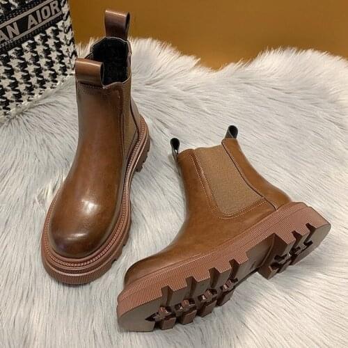 Women Pouch Ankle Botas 2021 New Chunky Boots Fashion Platform Ankle Female Sole Mujer Round Toe Slip-On Botas Altas Mujer