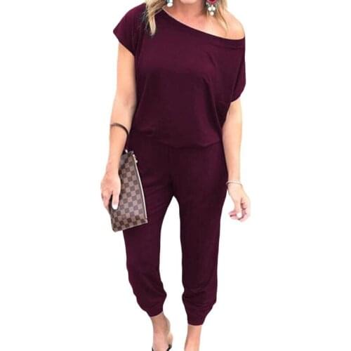 Womens Summer Sexy Off Shoulder Short Sleeves Jumpsuit Solid Color Elastic High Waist Beam Foot Long Pants Rompers With Pockets