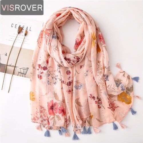 Visrover 2020 New Flower Print Beach Scarf Luxury Brand Viscose Big Scarf Hijab Tropical Sequin Shawl Women Scarfs Spring Wrap