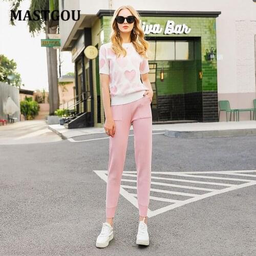 MASTGOU Sweet Love Beading Summer Women Suits Knitted Pencil Pants 2 Piece Sets Short Sleeve Women Sweater Top Chic Tracksuits