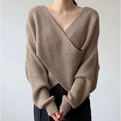 Korean Chic Autumn New French Retro Cross V-Neck Design Loose Pullover Lantern Sleeve Knitted Sweater Women