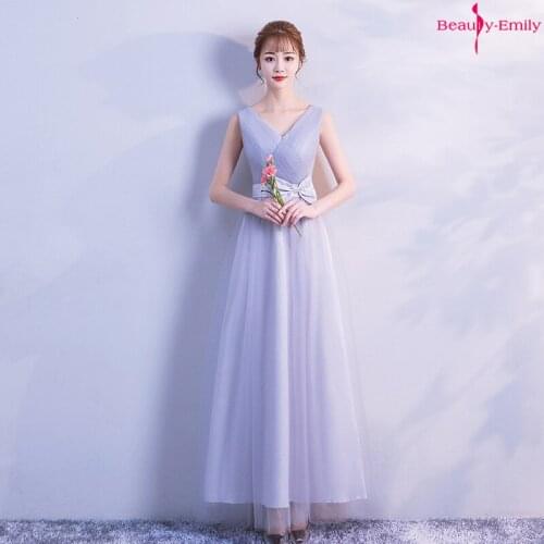 Beauty Emily V Neck Tulle Bridesmaid Dresses Long Sleeveless Bow Party Dress Open Lace Up Back Pleated Vestido de dama de honor