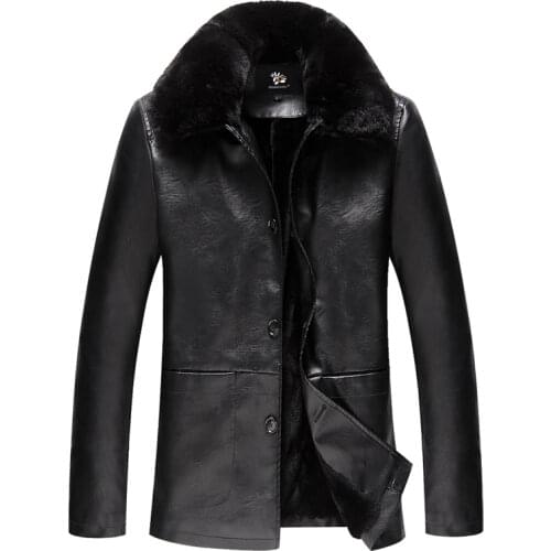 Winter mens leather jacket with fluffy collar detachable business leather suit middle-aged warm faux leather male Coat Tops