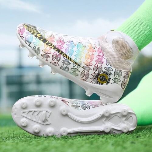 2021 high ankle foot length spiked sneakers mens breathable outdoor turf football shoes children AG womens soft football shoes