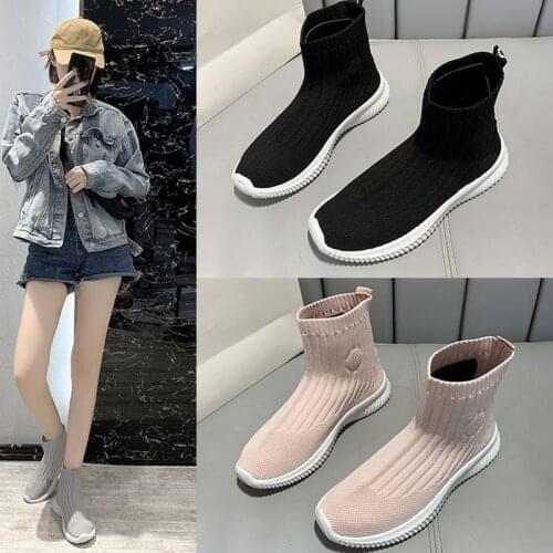 Sock Shoes Woman 2021 Autumn Platform Boots Womens Casual Sport Boot Elastic Weaven Booties Block Heel Female Footware BLACK