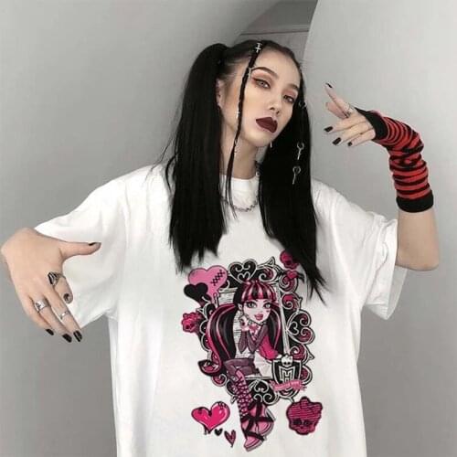 Harajuku Gothic Print Short Sleeve Oversized T-shirt Women Tops Women T Shirt Summer Streetwear Sweet Girls Tee Shirt Clothes