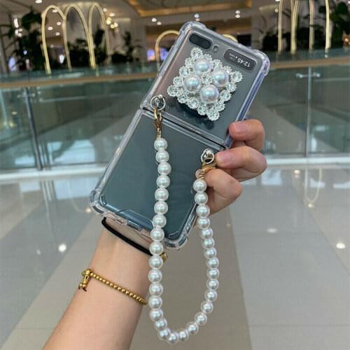 Creativity DIY Square Luxury Diamond & Pearl Holder Bracelet Chain Case For Samsung Galaxy Z Flip / Flip3 Transparent Case