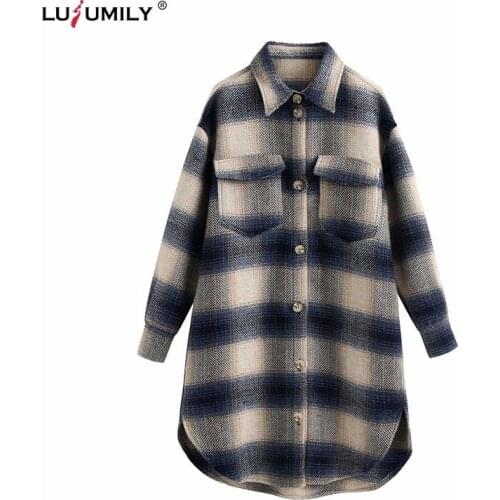 Lusumily Loose Long Plaid Jacket Women Casual Gray Thick Coats Shirt Fashion Pocket Blouse Ladies Elegant Overcoat Spring Tops