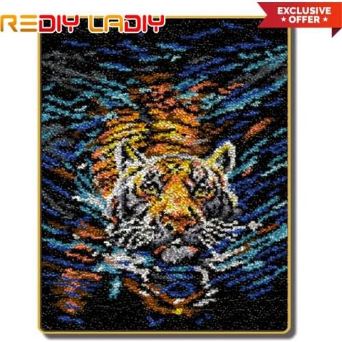 Latch Hook Rug Kits Swimming Tiger Crocheting Carpet Rug 100% Acrylic Yarn Cushion Mat DIY Carpet Rug Home Decor Art & Crafts
