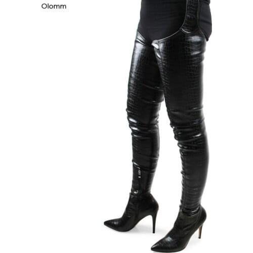Olomm New Fashion Women Over The Knee Boots Thin High Heel Boots Nice Pointed Toe Sexy Black Club Wear Shoes Women US Size 6-9.5