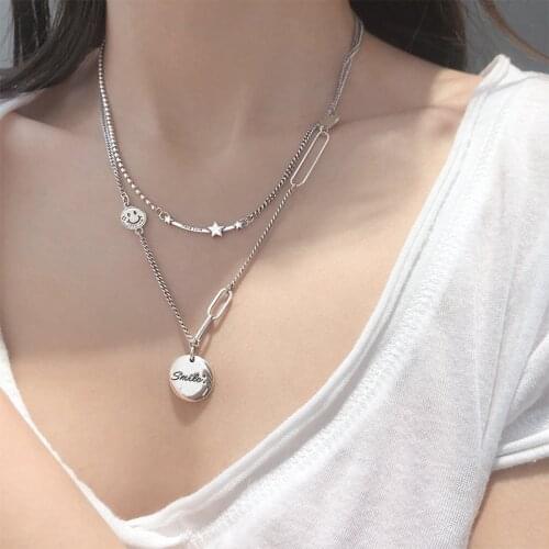 XCC4 925 Sterling Silver Star Smiling Face Round Disc Letter Pendant Necklace Thai Silver Necklace For Women Men Jewelry