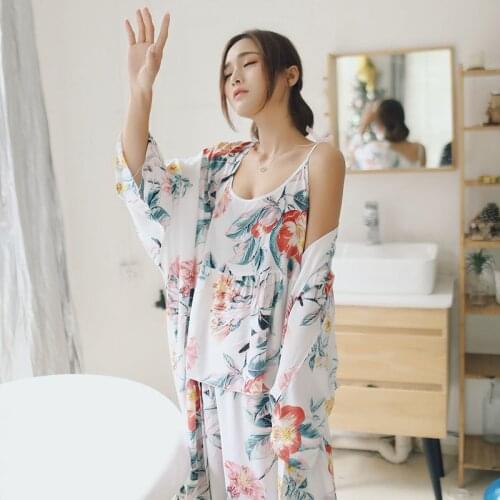 Womens Pajamas 4 Piece Spring Summer Women Pajamas Sets Floral Printed Viscose Robe Top and Shorts Female Sleepwear Night Suit