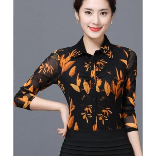 Spring Fall Casual Woman Female Printed Full Sleeve Black Mesh Blouse Shirt , Womens Stretch 3XL 4XL Cardigan Blouses Shirts