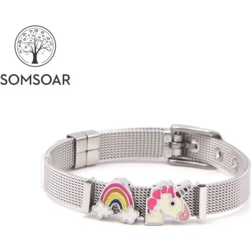 Drop shipping Somsoar Jewelry 8mm Width Silvering unicorn & rainbow Slide Charms Mesh Bracelet Set Child toddler Kids Bracelet
