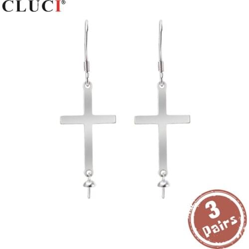 CLUCI 3 pair 925 Sterling Silver Cross Earrings Women Anniversary Pearl Earring Mounting Silver 925 Drop Earrings SE052SB
