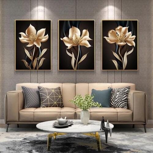 Modern Golden Black Flower Poster Light Luxury Abstract Wall Art Pictures Canvas Painting Living Room Home Wall Decoration