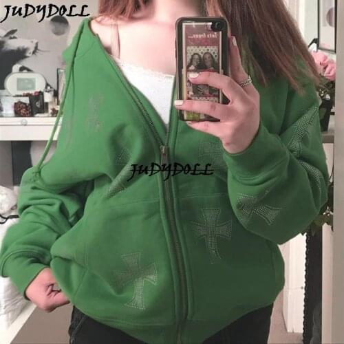 Y2K Fashion Rhinestone Zipper Oversized Hoodies E-girl Vintage Solid Letter Long Sleeve Black Sweatshirts Autumn худи оверсайз