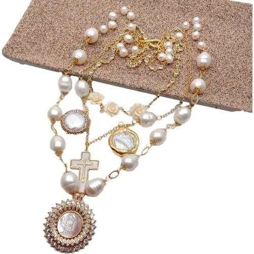YYGEM Freshwater White Rice Pearl Gold Plated Chian statement Necklace White Shell Virgin Mary Charm Pendant 20" for women