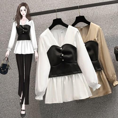 False Two Piece Long Sleeved White Plus Size Korean Autumn Elegant Fashion Blouses And Tops WomenS Oversize Shirt Clothing 2021