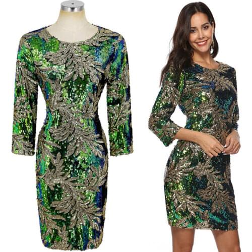 Ladies Formal Evening Party Sexy Sequin Club Short Dresses Sexy Vestidos Autumn Dresses Women Green Sequins Bodycon Dress