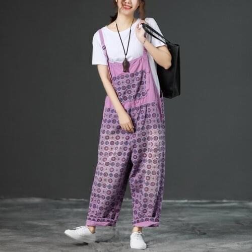 Vintage Oversized Loose Pattern Print Denim Rompers Pants Women Boyfriend Style Overalls Harem Trousers Wide Leg Jeans Jumpsuit